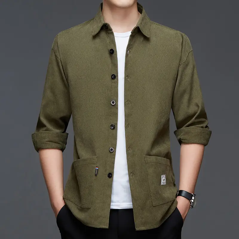 Middle-aged Men Long Sleeve Shirt Blue Corduroy Business Casual - Image 6
