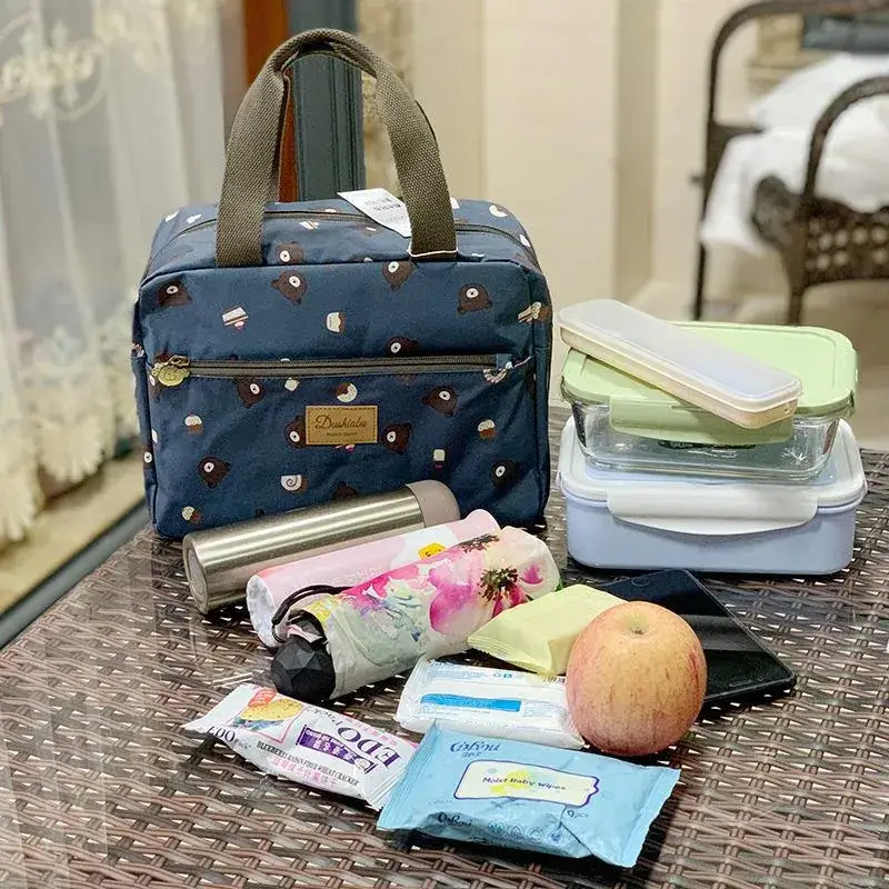 Blue Korean Style Lunch Box Bag with Bear Print - Image 15
