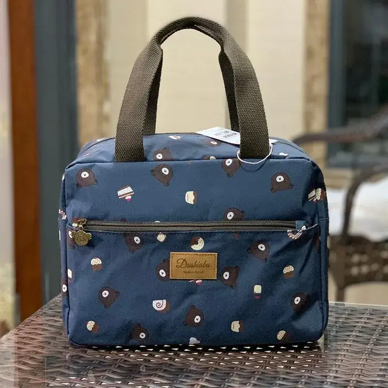 Blue Korean Style Lunch Box Bag with Bear Print - Image 2