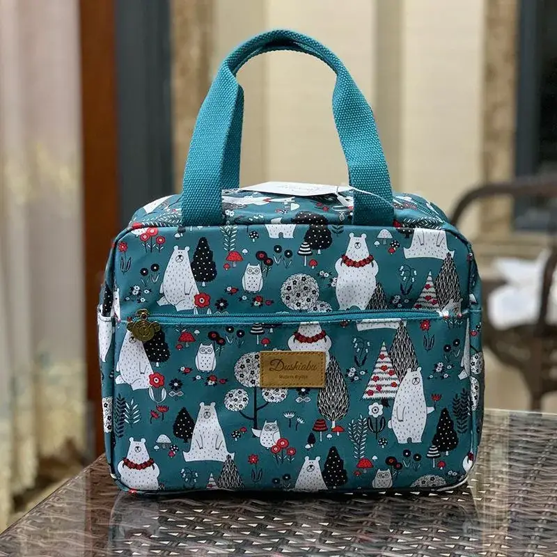 Blue Korean Style Lunch Box Bag with Bear Print - Image 4