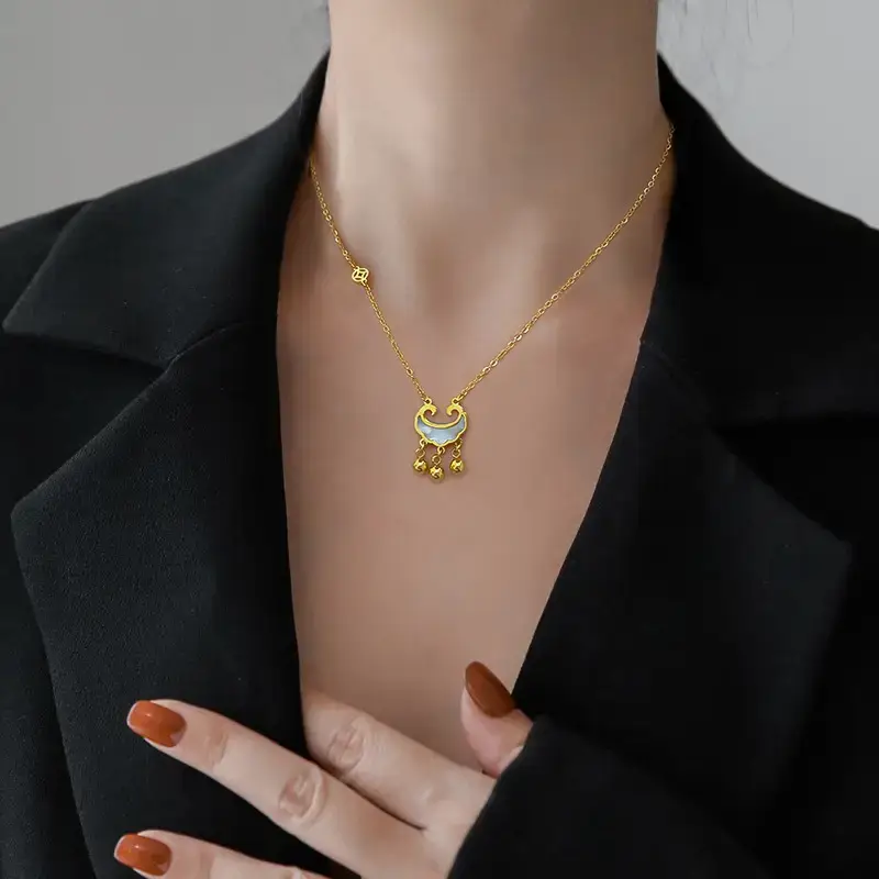 Titanium Coin Necklace Gold Plated Pearl Drop - Image 4