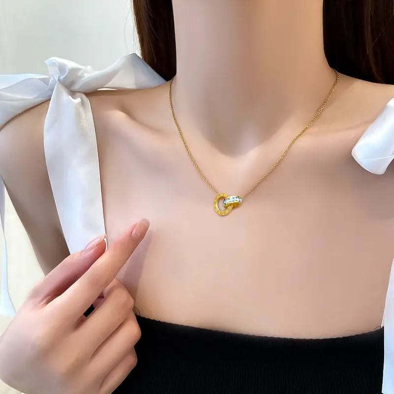 Titanium Steel Gold Double Ring Necklace for Women - Image 4