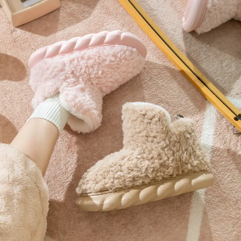 Pink Furry Slip-On Shoes for Men Women Winter Warm Indoor Outdoor