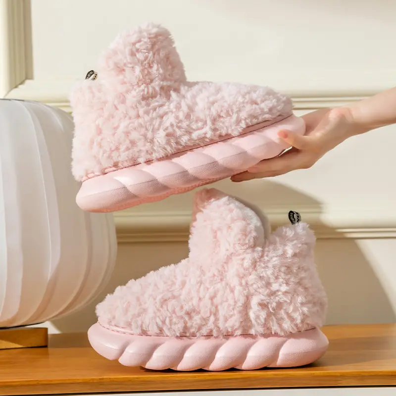 Pink Furry Slip-On Shoes for Men Women Winter Warm Indoor Outdoor