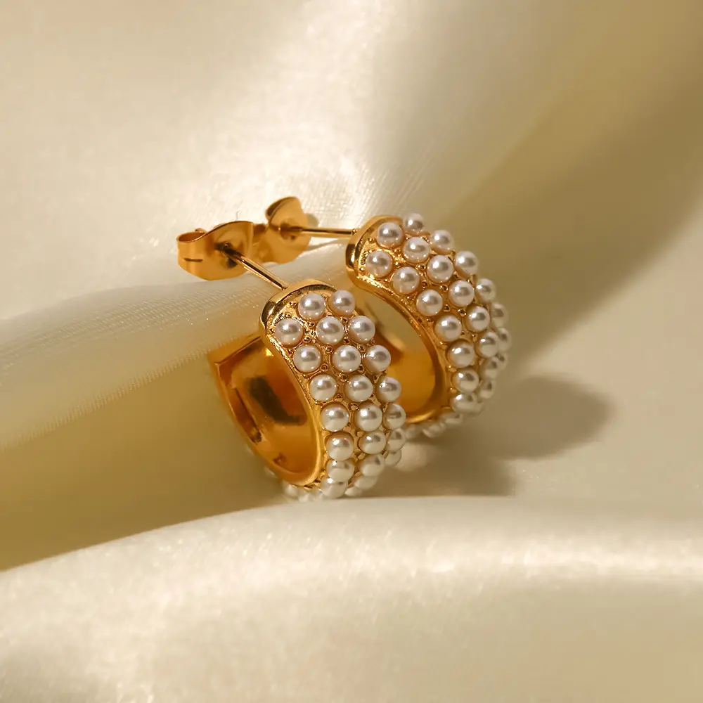 18K Gold Plated White Pearl C-Shape Earrings for Women