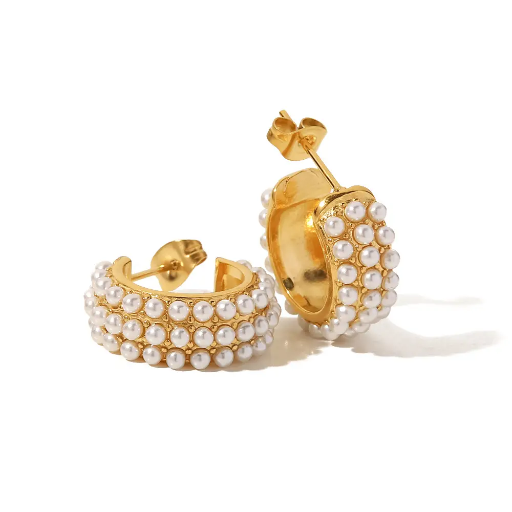 18K Gold Plated White Pearl C-Shape Earrings for Women