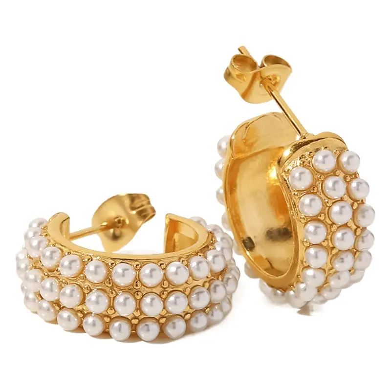 18K Gold Plated White Pearl C-Shape Earrings for Women