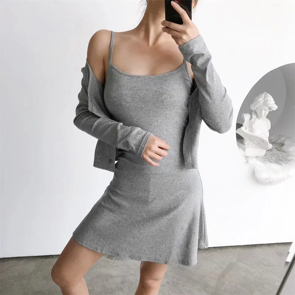 Fairy Sling Dress Long Sleeve Cardigan Two-Piece Set Brown - Image 6