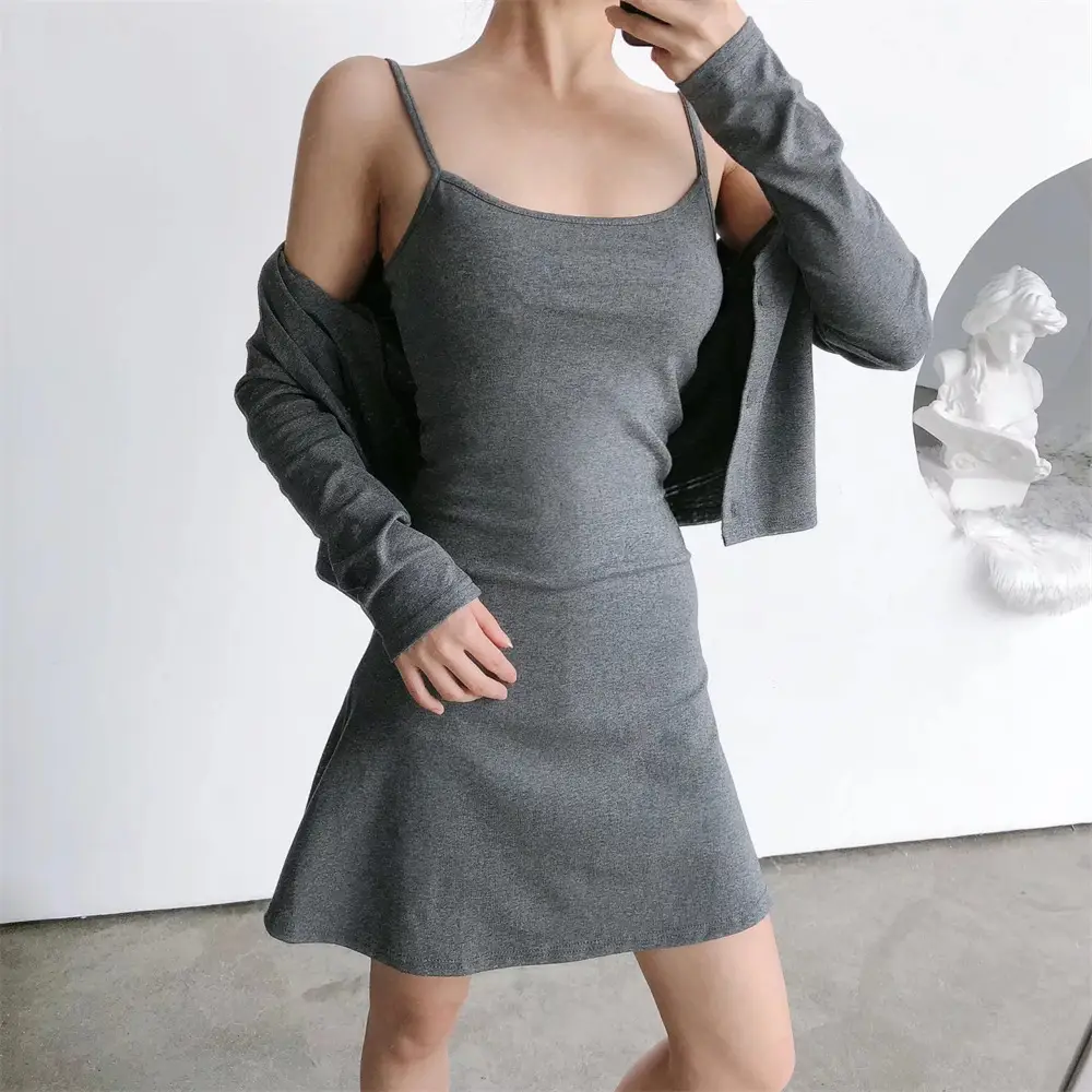 Fairy Sling Dress Long Sleeve Cardigan Two-Piece Set Brown - Image 7