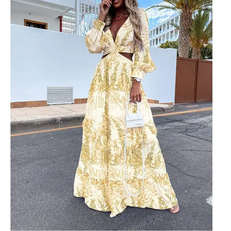 2022 Green Printed V-Neck Long Sleeve Dress for Women