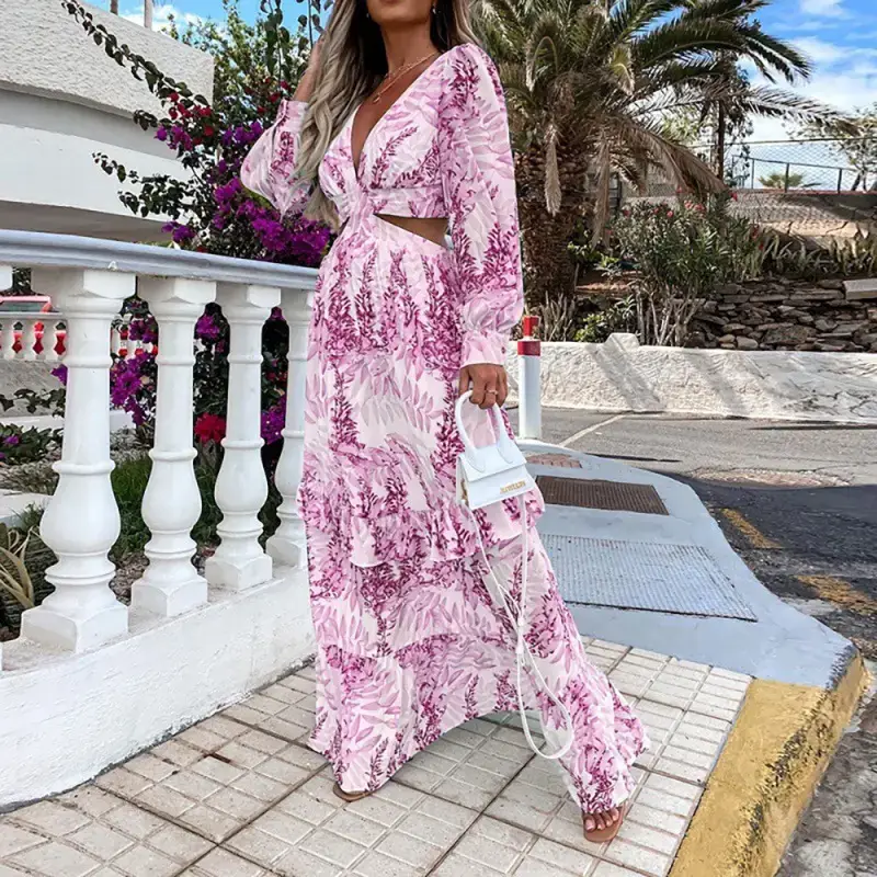 2022 Green Printed V-Neck Long Sleeve Dress for Women