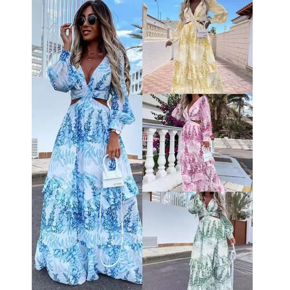 2022 Green Printed V-Neck Long Sleeve Dress for Women — feature 2