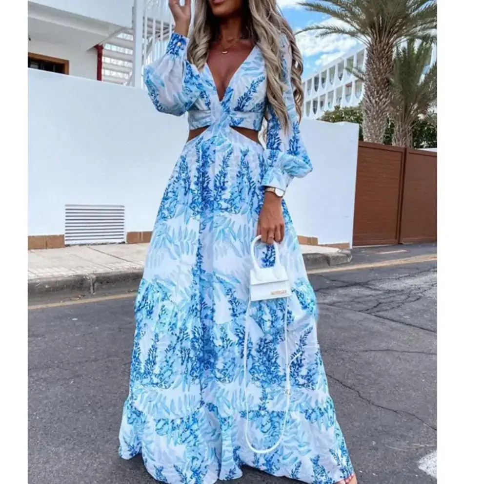 2022 Green Printed V-Neck Long Sleeve Dress for Women — feature 7