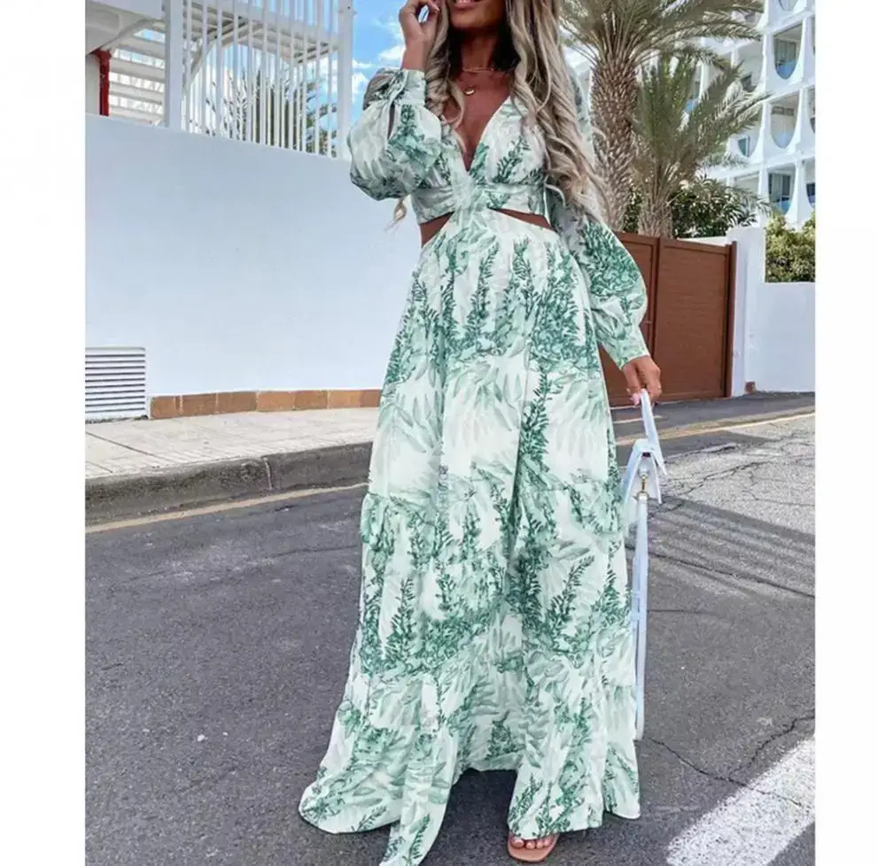 2022 Green Printed V-Neck Long Sleeve Dress for Women — feature 8