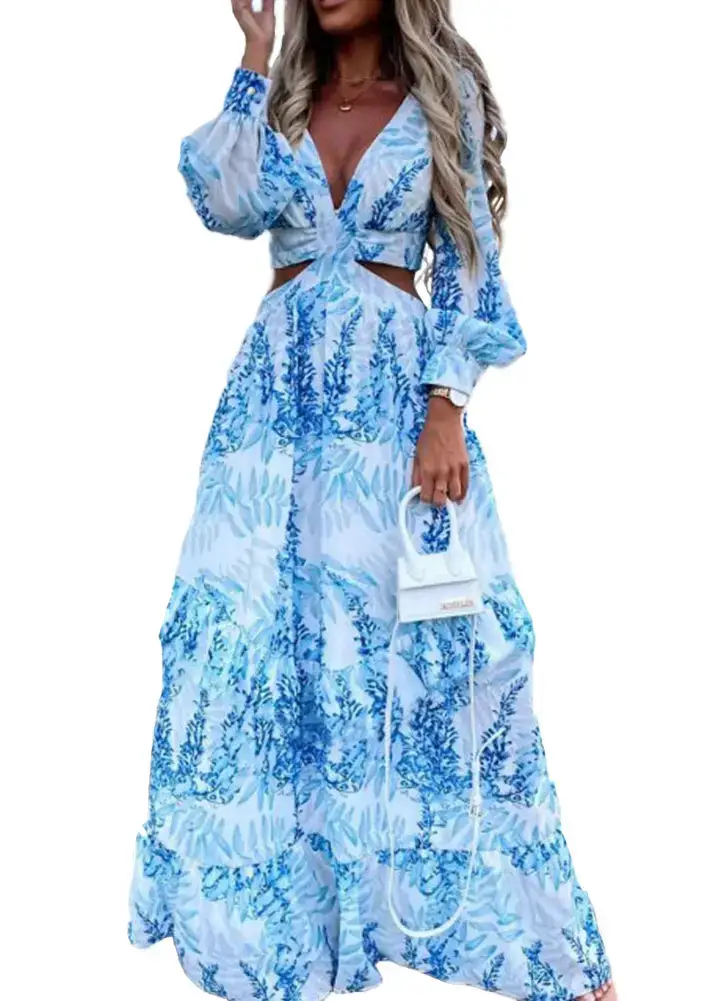 2022 Green Printed V-Neck Long Sleeve Dress for Women — feature 9