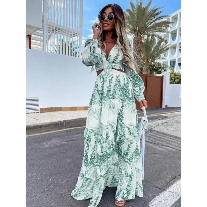2022 Green Printed V-Neck Long Sleeve Dress for Women