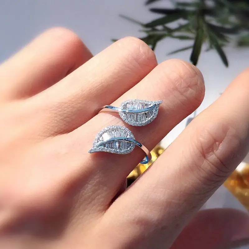 Cao Shi Leaf Rings Full Zircon Open Ring Luxury High End