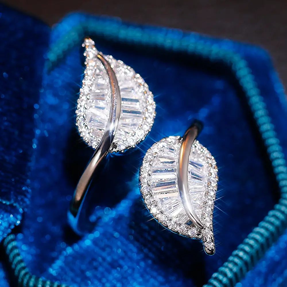 Cao Shi Leaf Rings Full Zircon Open Ring Luxury High End