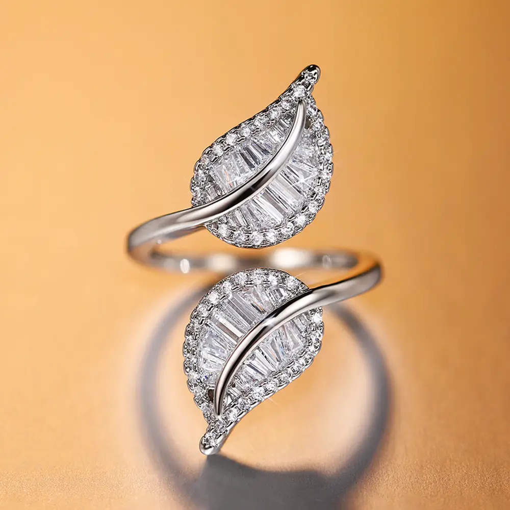 Cao Shi Leaf Rings Full Zircon Open Ring Luxury High End
