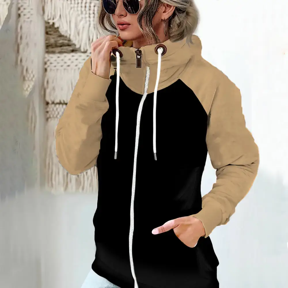 Women's New Velvet Sweatshirt Jacket Black Beige Zip Front - Image 10