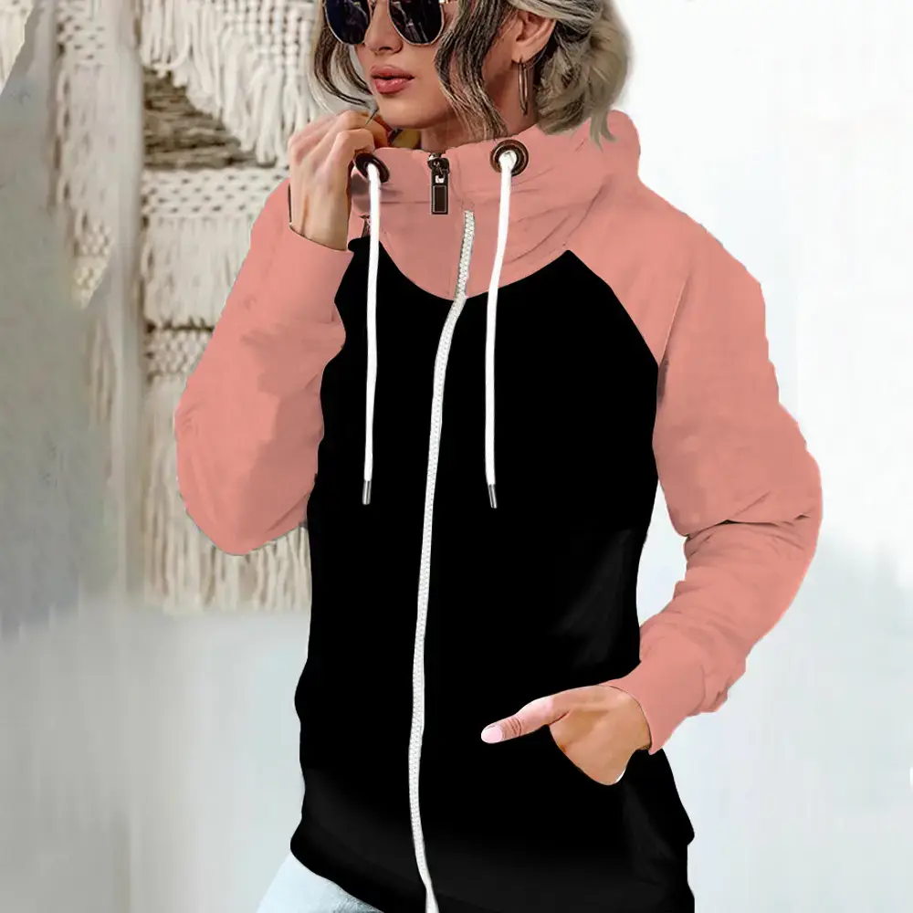 Women's New Velvet Sweatshirt Jacket Black Beige Zip Front - Image 2