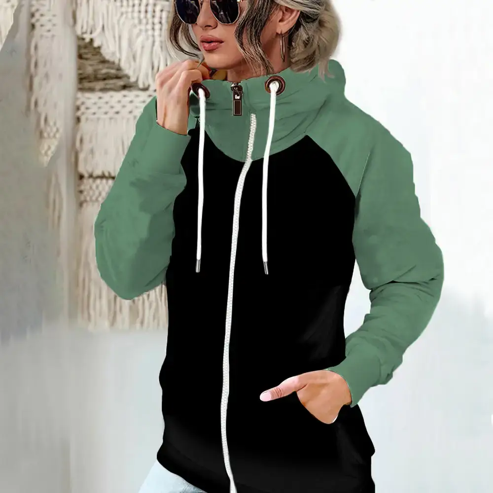 Women's New Velvet Sweatshirt Jacket Black Beige Zip Front - Image 5