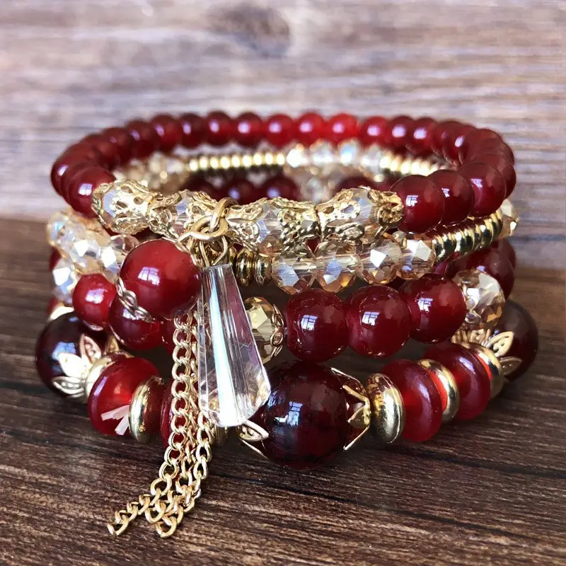 4 Pack Bohemian Multi Layer Beaded Crystal Bracelets - Image 3