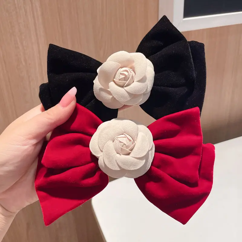 Black Velvet Camellia Hairpin for Women Autumn Winter - Image 4