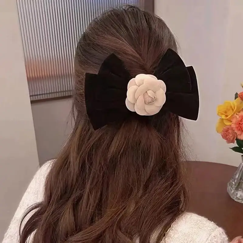 Black Velvet Camellia Hairpin for Women Autumn Winter - Image 5