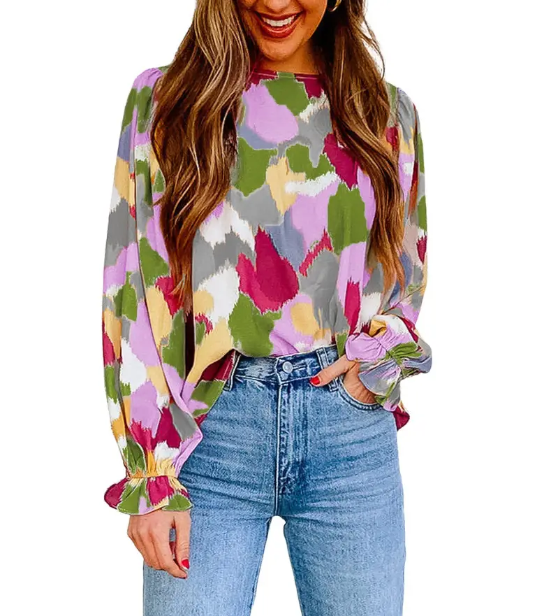 2023 Spring Abstract Printed Chiffon Shirt for Women