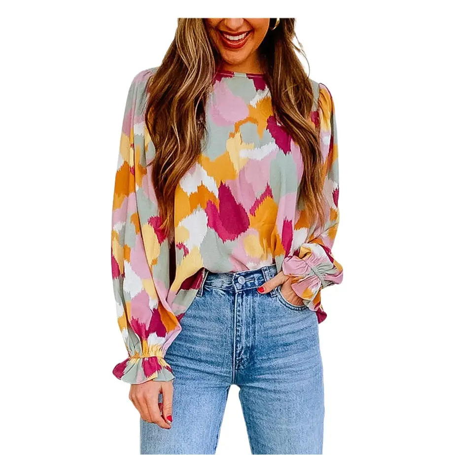 2023 Spring Abstract Printed Chiffon Shirt for Women