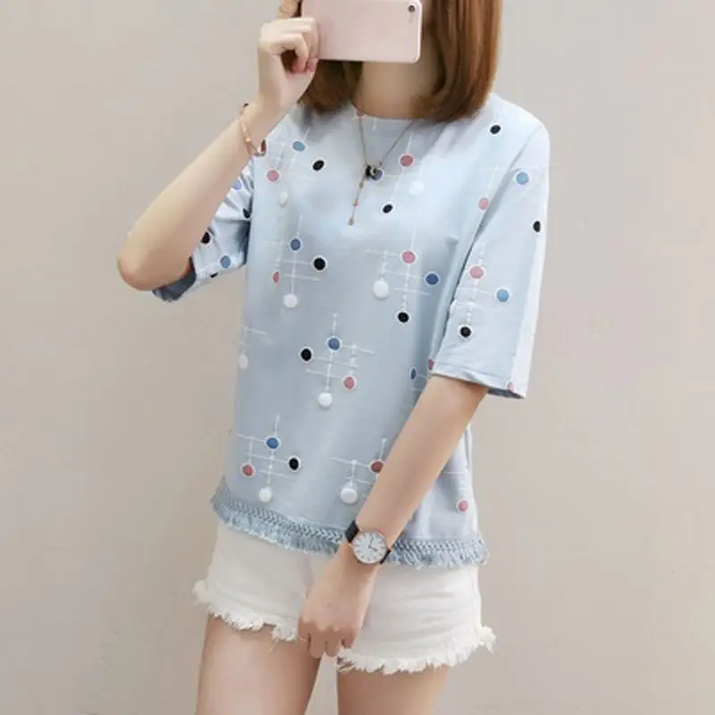 2022 Summer Women Pink Tassel Top Short Sleeve T-Shirt