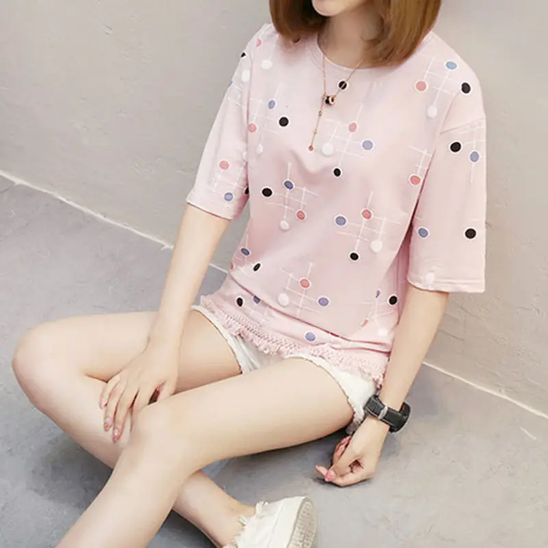 2022 Summer Women Pink Tassel Top Short Sleeve T-Shirt - Image 2