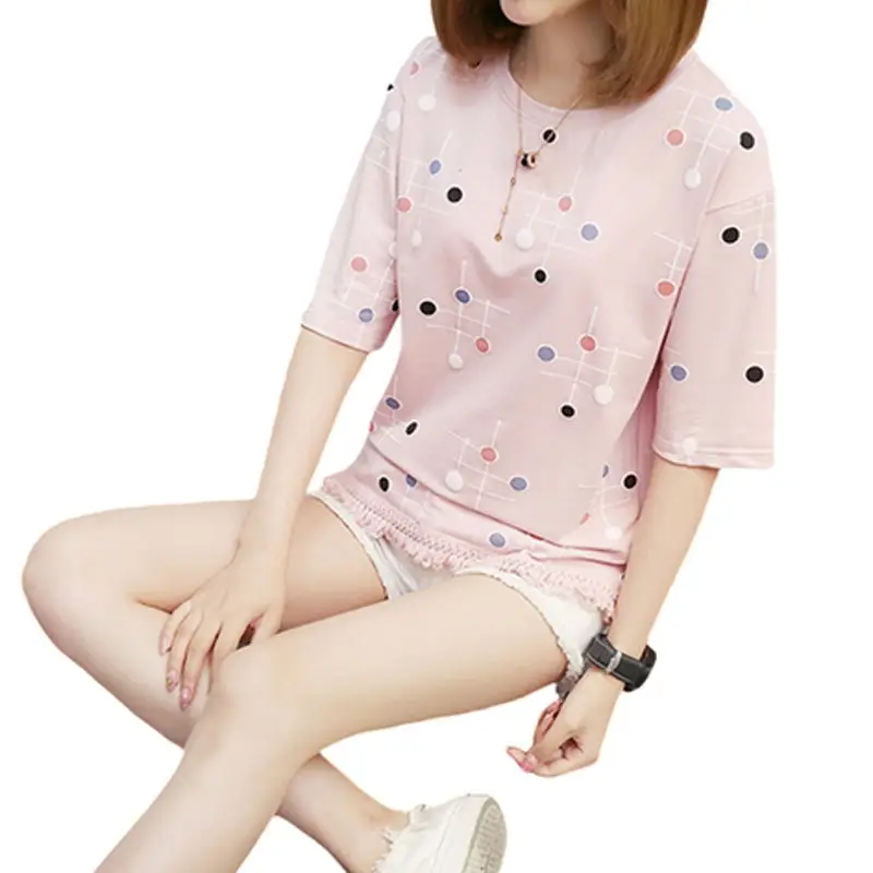 2022 Summer Women Pink Tassel Top Short Sleeve T-Shirt - Image 5