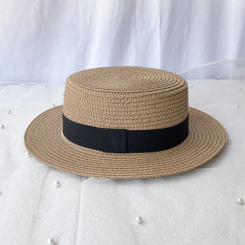 Straw Flat Top Hat with Black Band for Men Women - Image 13
