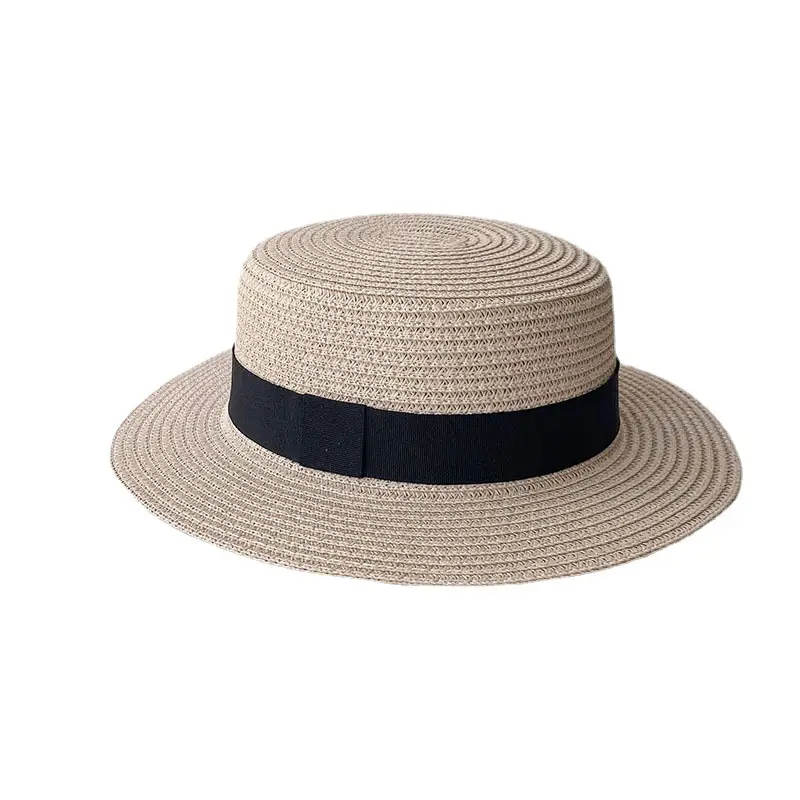 Straw Flat Top Hat with Black Band for Men Women - Image 14