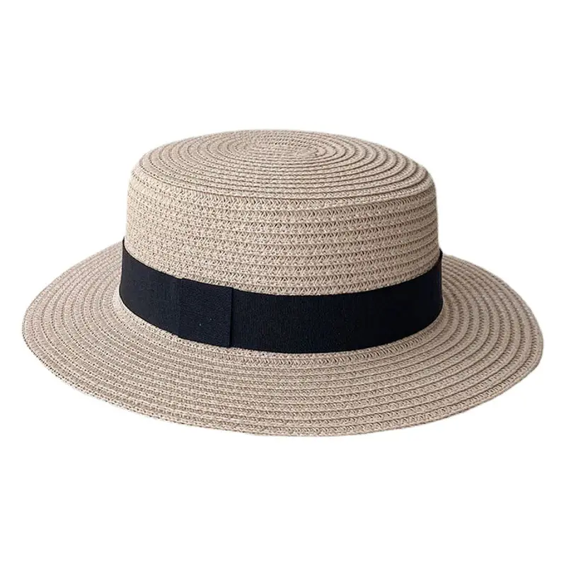Straw Flat Top Hat with Black Band for Men Women