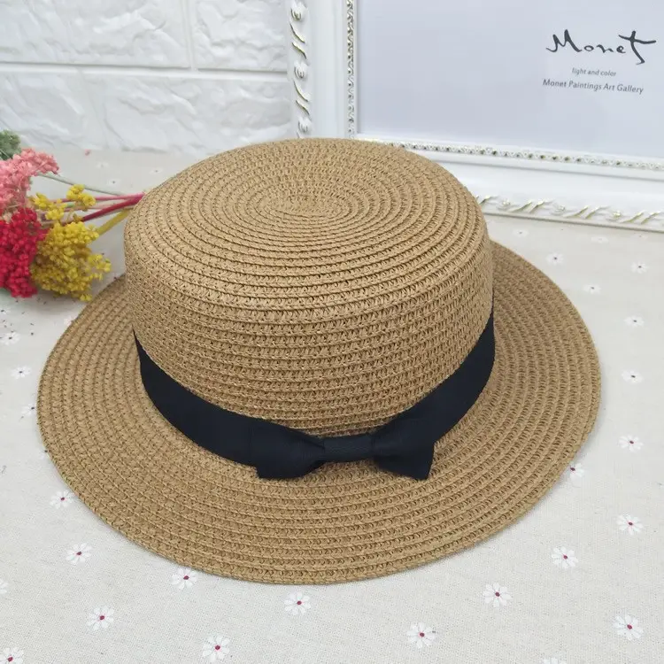 Straw Flat Top Hat with Black Band for Men Women - Image 6