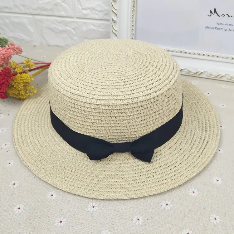 Straw Flat Top Hat with Black Band for Men Women - Image 7