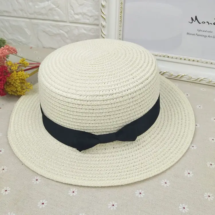 Straw Flat Top Hat with Black Band for Men Women - Image 8