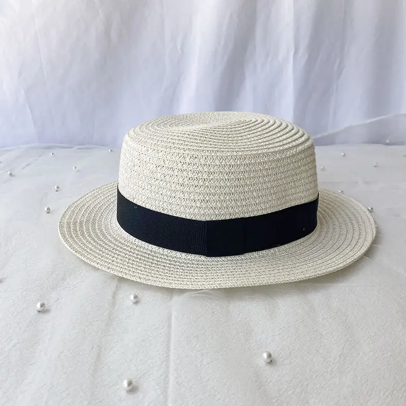 Straw Flat Top Hat with Black Band for Men Women - Image 3