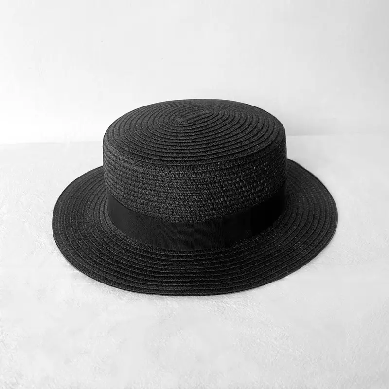 Straw Flat Top Hat with Black Band for Men Women - Image 5