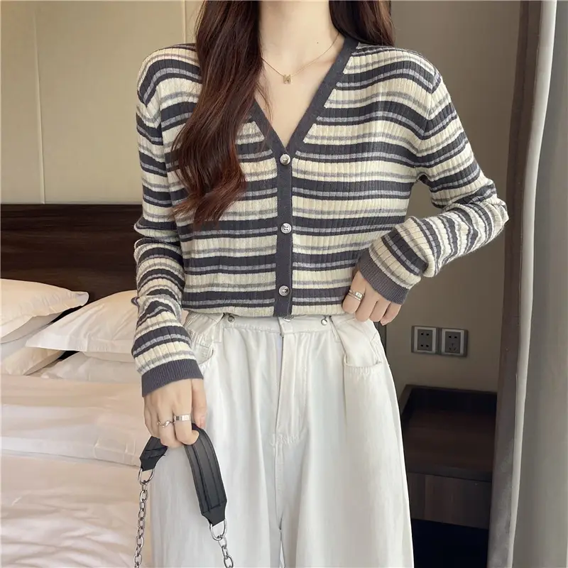 Women Long Sleeve Striped V Neck Knit Cardigan - Image 4