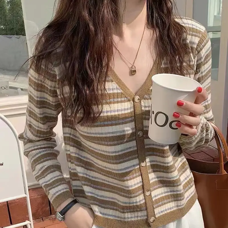 Women Long Sleeve Striped V Neck Knit Cardigan - Image 3