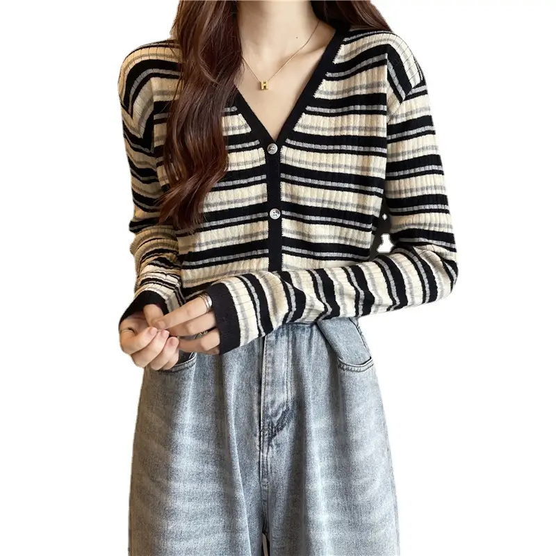 Women Long Sleeve Striped V Neck Knit Cardigan - Image 6
