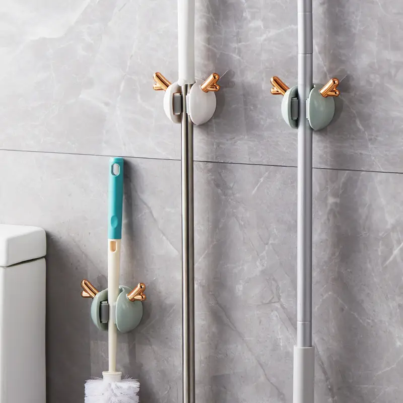 Light Luxury Fawn Wall Mop Clip with Hook Punch-Free Wall Hanging Bathroom Household Mop Storage Rack Broom Clip - Image 4