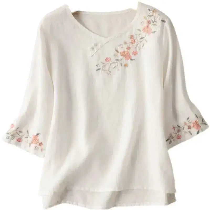 Women's Purple Embroidered Linen Shirt with 7-Sleeves - Image 25