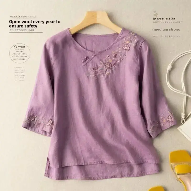 Women's Purple Embroidered Linen Shirt with 7-Sleeves - Image 11