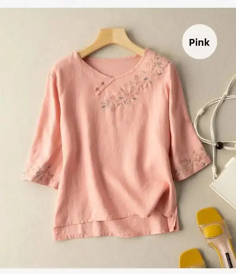 Women's Purple Embroidered Linen Shirt with 7-Sleeves - Image 19