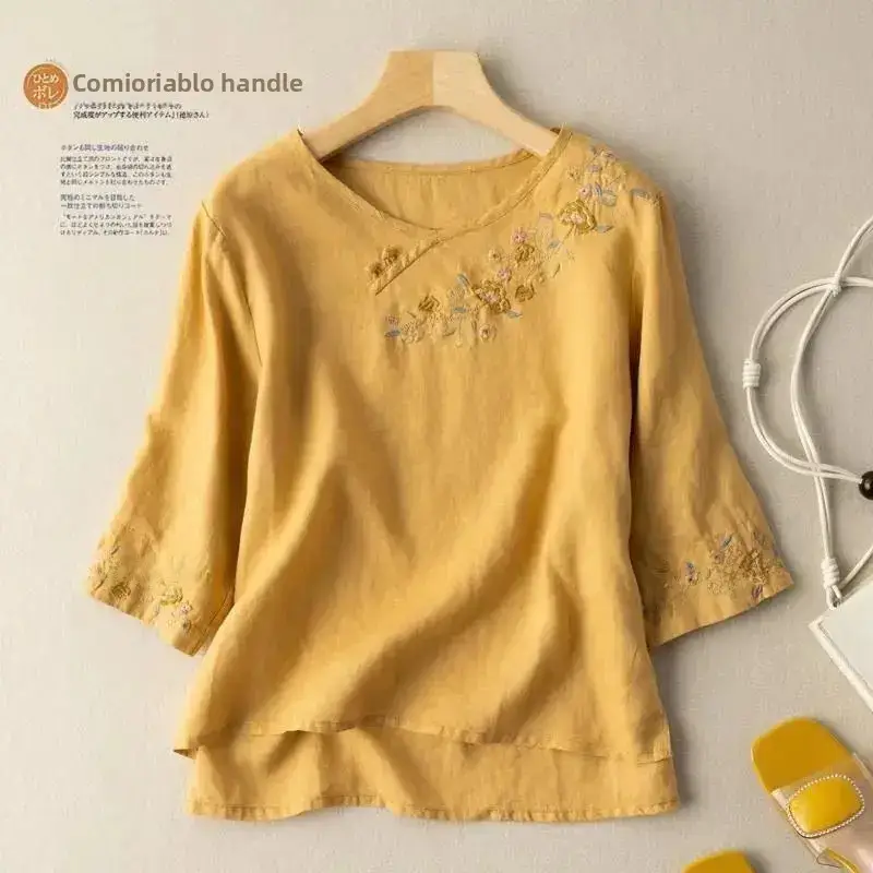 Women's Purple Embroidered Linen Shirt with 7-Sleeves - Image 9